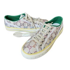 GUCCI Tennis Canvas Lame Crystal Monogram Women 1977 Gardenia White Size 38 8.5